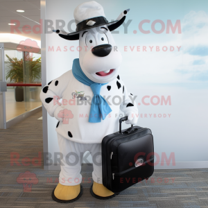 White Holstein Cow mascot costume character dressed with a Capri Pants and Briefcases