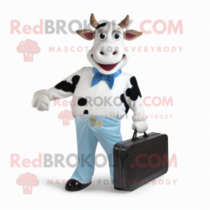 White Holstein Cow mascot costume character dressed with a Capri Pants and Briefcases