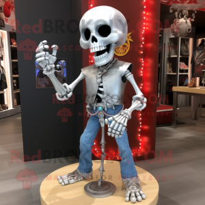 Silver Skull mascot costume character dressed with a Flare Jeans and Necklaces