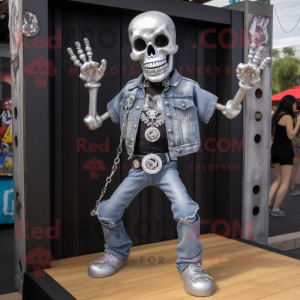 Silver Skull mascot costume character dressed with a Flare Jeans and Necklaces