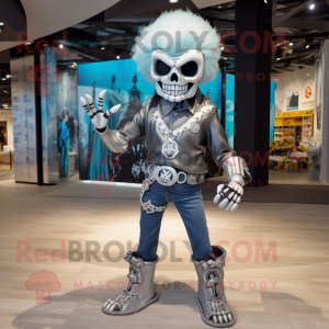 Silver Skull mascot costume character dressed with a Flare Jeans and Necklaces