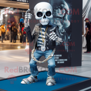 Silver Skull mascot costume character dressed with a Flare Jeans and Necklaces