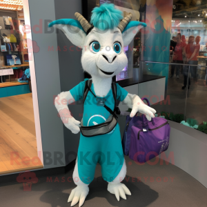 Turquoise Goat mascot costume character dressed with a Yoga Pants and Tote bags