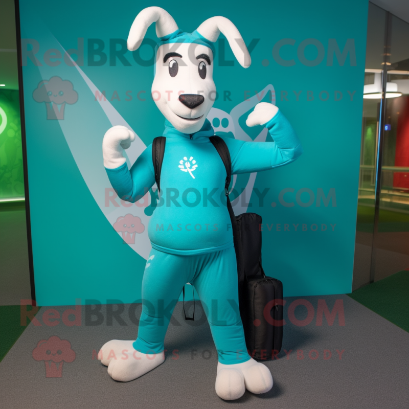 Turquoise Goat mascot costume character dressed with a Yoga Pants and Tote bags Turquoise Goat mascot costume character dressed with a Yoga Pants and Tote bags