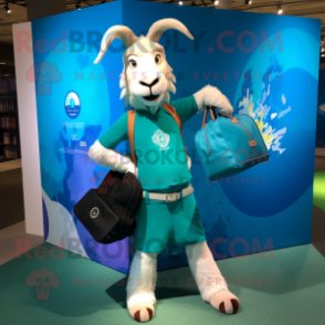 Turquoise Goat mascot costume character dressed with a Yoga Pants and Tote bags