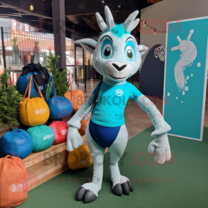Turquoise Goat mascot costume character dressed with a Yoga Pants and Tote bags