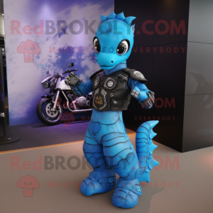 Sky Blue Seahorse mascot costume character dressed with a Biker Jacket and Digital watches