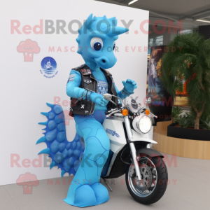 Sky Blue Seahorse mascot costume character dressed with a Biker Jacket and Digital watches
