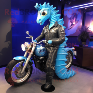 Sky Blue Seahorse mascot costume character dressed with a Biker Jacket and Digital watches