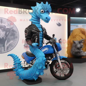 Sky Blue Seahorse mascot costume character dressed with a Biker Jacket and Digital watches