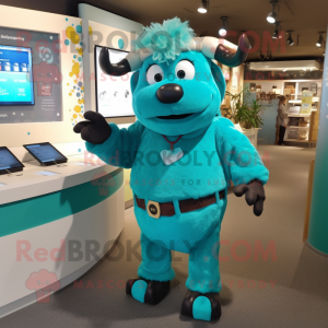 Turquoise Buffalo mascot costume character dressed with a Jumpsuit and Smartwatches