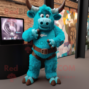 Turquoise Buffalo mascot costume character dressed with a Jumpsuit and Smartwatches