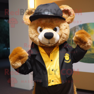 Gold Spectacled Bear mascot costume character dressed with a Jacket and Hats