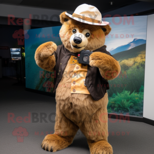 Gold Spectacled Bear mascot costume character dressed with a Jacket and Hats