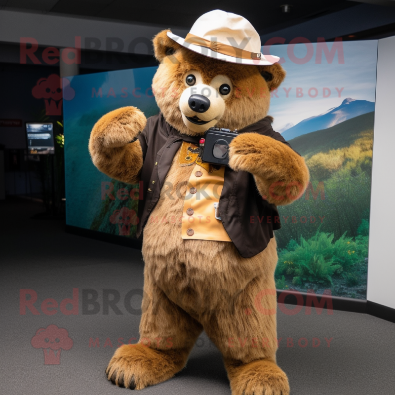 Gold Spectacled Bear mascot costume character dressed with a Jacket and Hats Gold Spectacled Bear mascot costume character dressed with a Jacket and Hats
