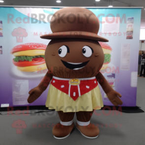 Brown Hamburger mascot costume character dressed with a Wrap Skirt and Hat pins