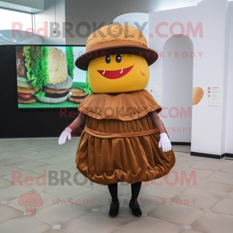 Brown Hamburger mascot costume character dressed with a Wrap Skirt and Hat pins Brown Hamburger mascot costume character dressed with a Wrap Skirt and Hat pins