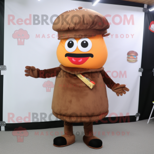 Brown Hamburger mascot costume character dressed with a Wrap Skirt and Hat pins