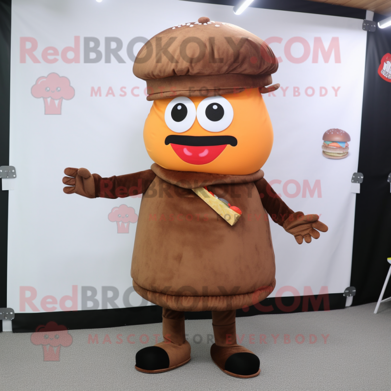 Brown Hamburger mascot costume character dressed with a Wrap Skirt and Hat pins Brown Hamburger mascot costume character dressed with a Wrap Skirt and Hat pins