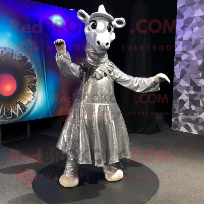 Silver Giraffe mascot costume character dressed with a Circle Skirt and Wraps
