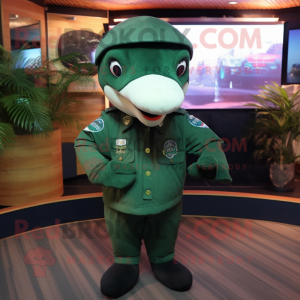 Green Killer Whale mascot costume character dressed with a Cargo Shorts and Lapel pins