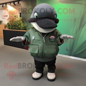 Green Killer Whale mascot costume character dressed with a Cargo Shorts and Lapel pins