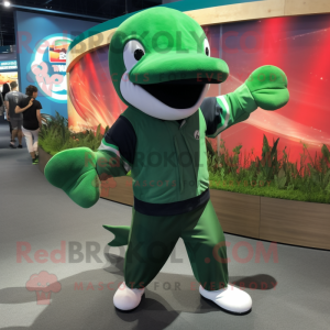 Green Killer Whale mascot costume character dressed with a Cargo Shorts and Lapel pins