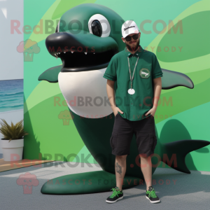 Green Killer Whale mascot costume character dressed with a Cargo Shorts and Lapel pins