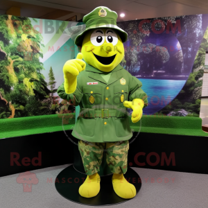 Yellow Green Beret mascot costume character dressed with a A-Line Skirt and Rings