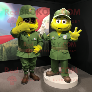Yellow Green Beret mascot costume character dressed with a A-Line Skirt and Rings