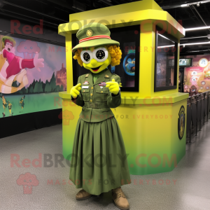 Yellow Green Beret mascot costume character dressed with a A-Line Skirt and Rings