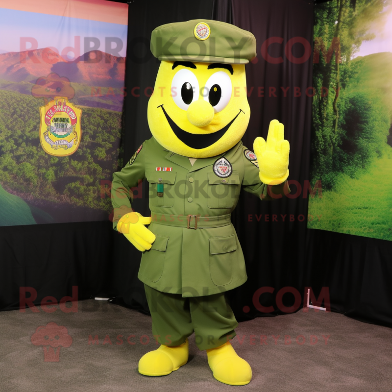 Yellow Green Beret mascot costume character dressed with a A-Line Skirt and Rings