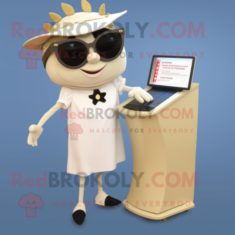 Beige Ray mascot costume character dressed with a Pencil Skirt and Sunglasses