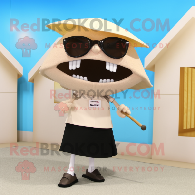 Beige Ray mascot costume character dressed with a Pencil Skirt and Sunglasses Beige Ray mascot costume character dressed with a Pencil Skirt and Sunglasses