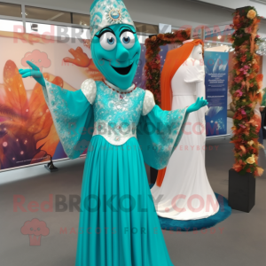 Turquoise Stilt Walker mascot costume character dressed with a Wedding Dress and Earrings