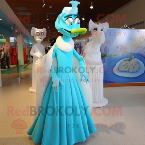 Turquoise Stilt Walker mascot costume character dressed with a Wedding Dress and Earrings