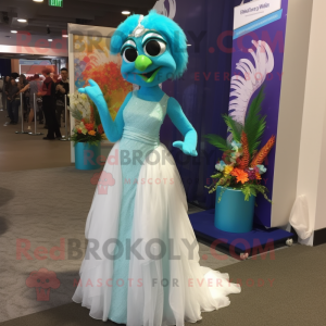 Turquoise Stilt Walker mascot costume character dressed with a Wedding Dress and Earrings