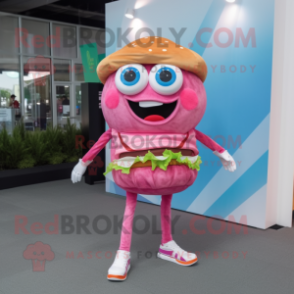 Pink Hamburger mascot costume character dressed with a Skinny Jeans and Clutch bags