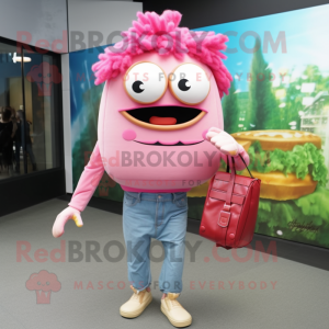 Pink Hamburger mascot costume character dressed with a Skinny Jeans and Clutch bags