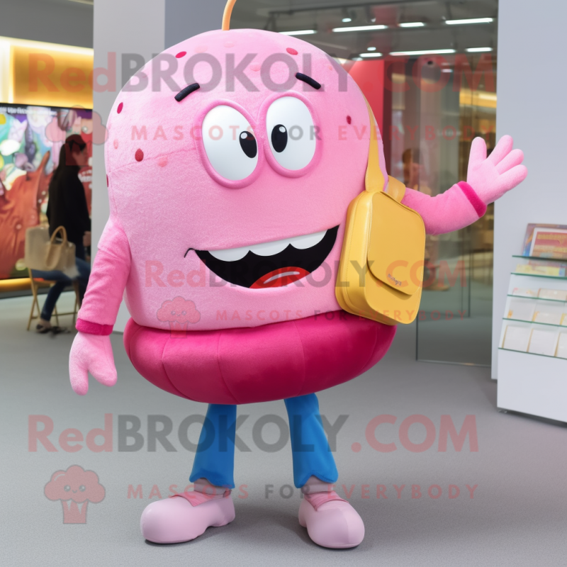 Pink Hamburger mascot costume character dressed with a Skinny Jeans and Clutch bags