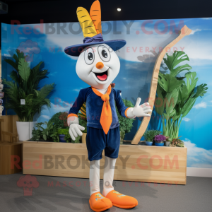 Navy Carrot mascot costume character dressed with a Board Shorts and Brooches