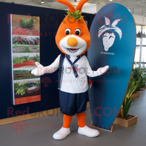 Navy Carrot mascot costume character dressed with a Board Shorts and Brooches