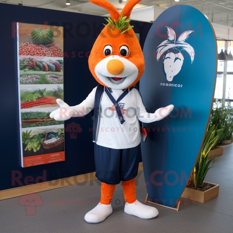 Navy Carrot mascot costume character dressed with a Board Shorts and Brooches Navy Carrot mascot costume character dressed with a Board Shorts and Brooches