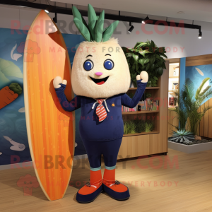 Navy Carrot mascot costume character dressed with a Board Shorts and Brooches
