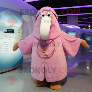 Pink Walrus mascot costume character dressed with a Windbreaker and Shawls