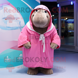 Pink Walrus mascot costume character dressed with a Windbreaker and Shawls