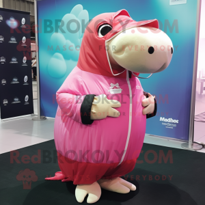 Pink Walrus mascot costume character dressed with a Windbreaker and Shawls
