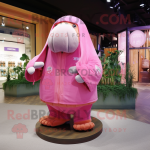 Pink Walrus mascot costume character dressed with a Windbreaker and Shawls