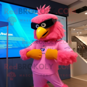 Pink Eagle mascot costume character dressed with a One-Piece Swimsuit and Smartwatches