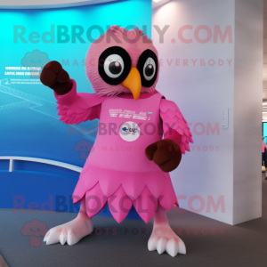Pink Eagle mascot costume character dressed with a One-Piece Swimsuit and Smartwatches
